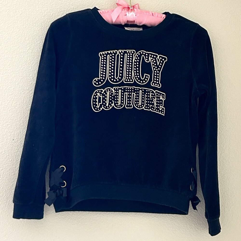 Juicy Couture Girl Top Sweatshirt Size 8/10 Black Velour Y2K Bling Logo Pullover